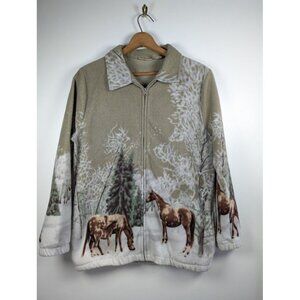 Vintage 90s Fleece Jacket Size XL Full Zip Winter Horses AOP Western Country
